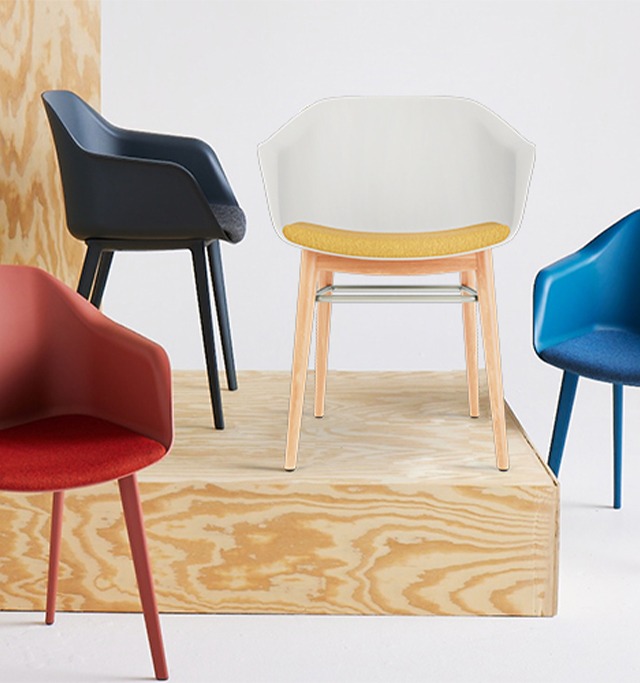 The Coleurí collection with wood bases, poly colors and full upholstered soft seating models.