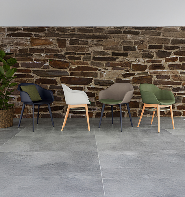 The Coleurí collection with wood bases, poly colors and full upholstered soft seating models.