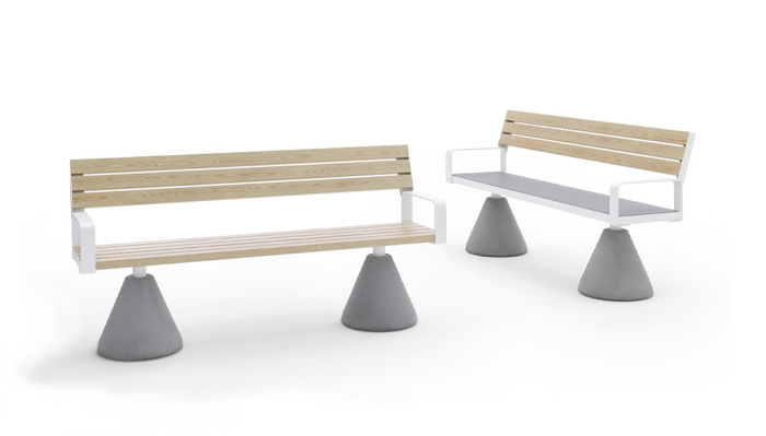 Benches with backrests with conical bases