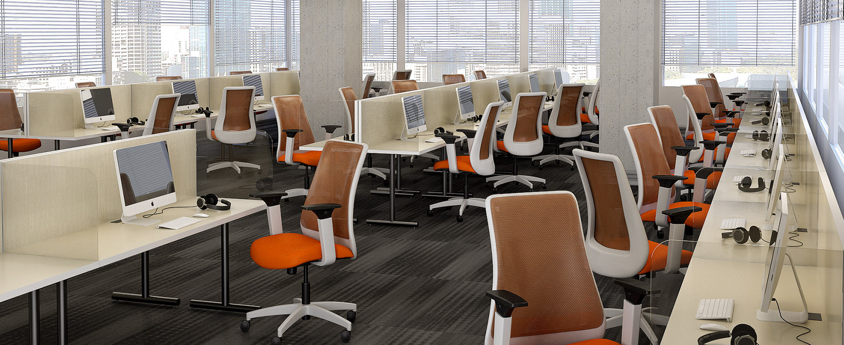 Open plan 24/7 workspace featuring self-sanitizing Genie Copper Mesh<sup>®</sup>.