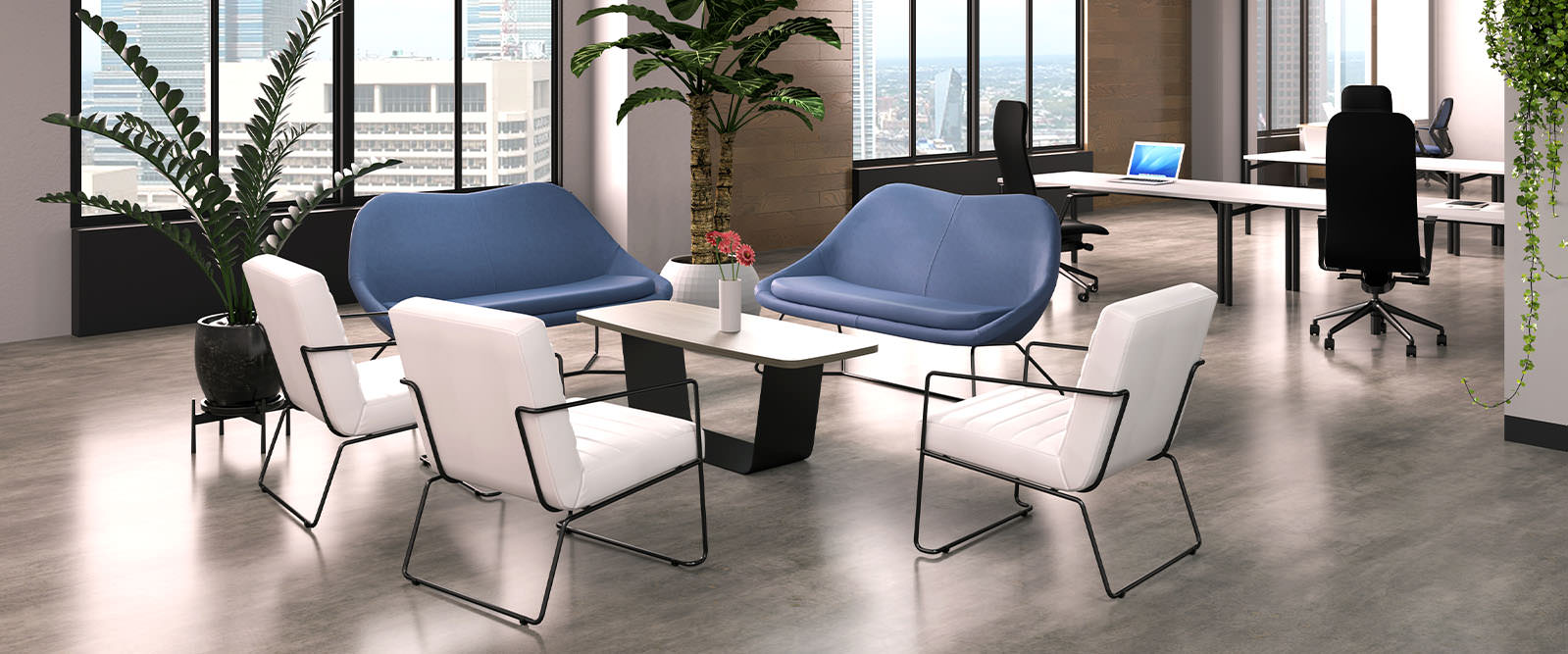 Multifunctional modern office with a lounge breakout area.