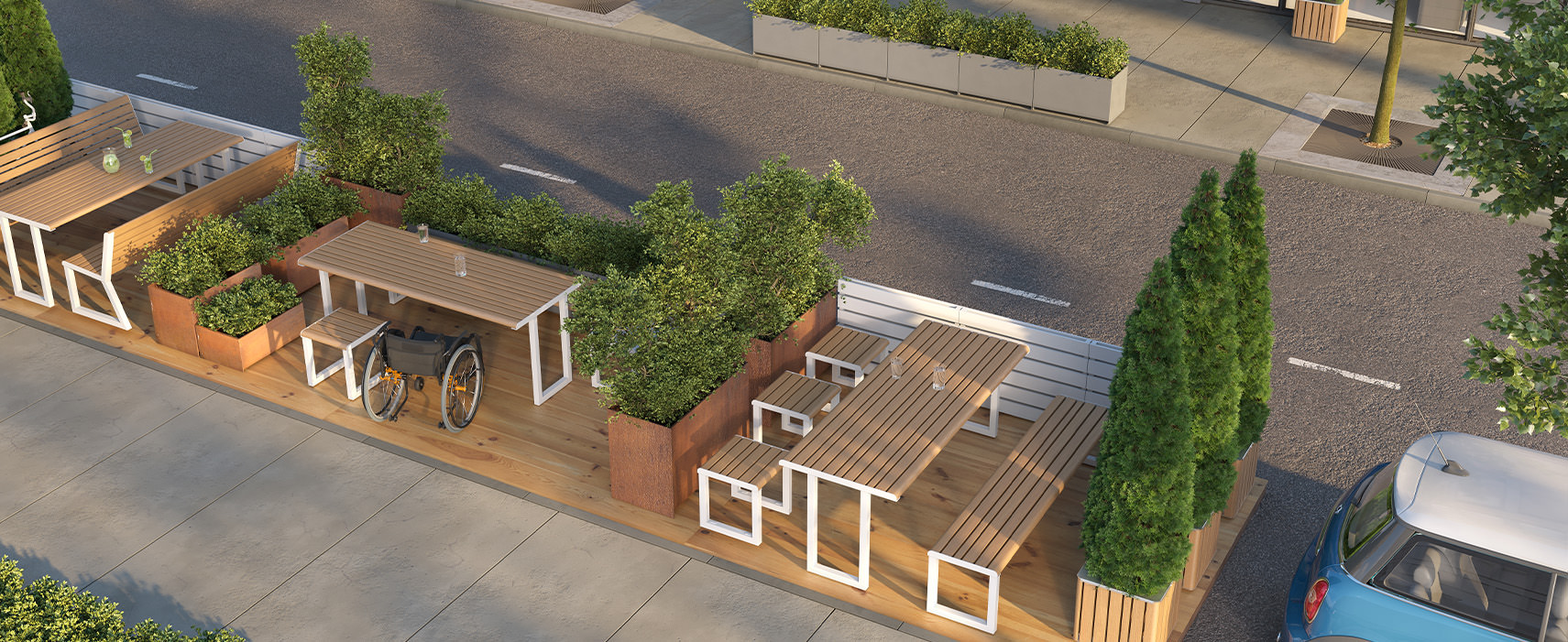 Streetscape rest/dining areas.