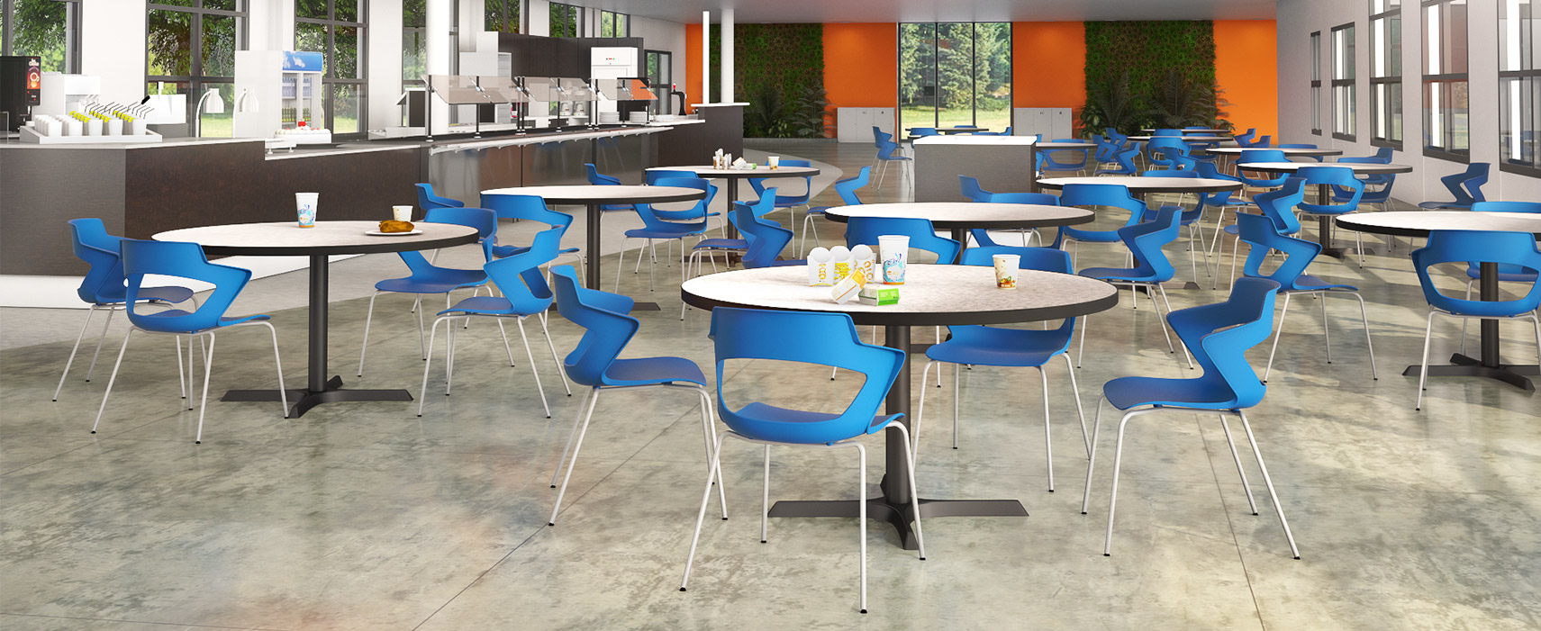Cafeteria featuring the Zee 4-leg chairs with blue shell. 