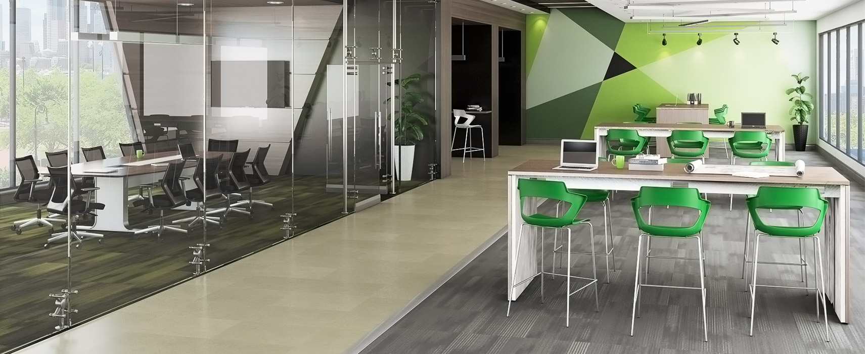 Multifunctional Office featuring Zee bar stools with green & white shells.